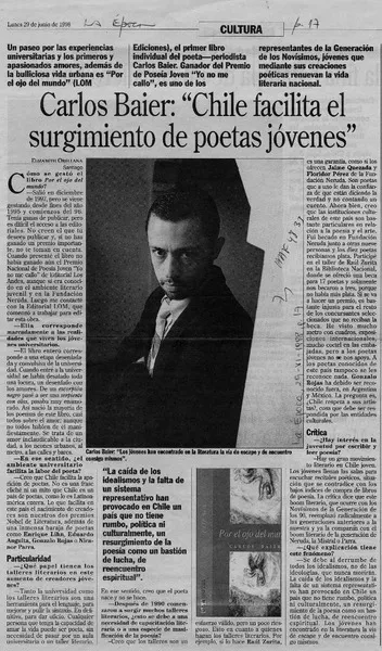 Carlos Baier, "Chile facilita el surgimiento de poeta jóvenes"  [artículo] Elizabeth Orellana.