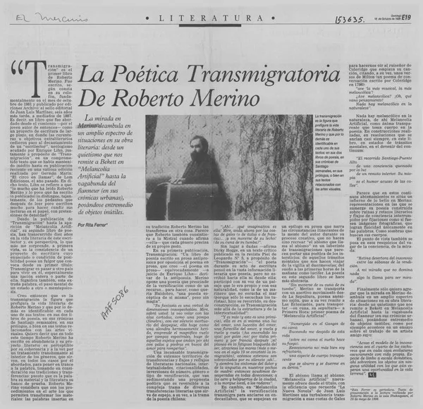 La poética transmigratoria de Roberto Merino  [artículo] Rita Ferrer.