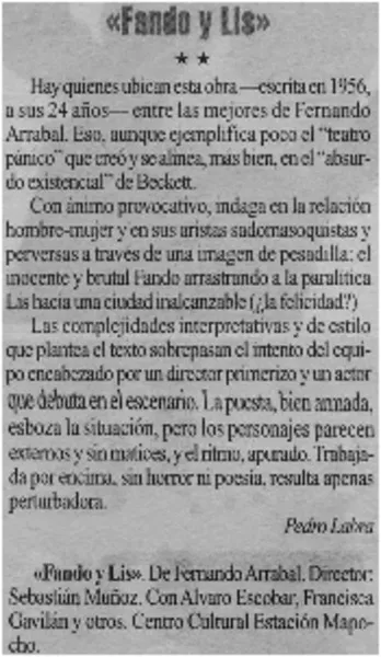 "Fando y Lis"  [artículo] Pedro Labra.