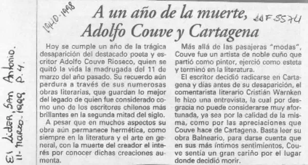 A un año de la muerte, Adolfo Couve y Cartagena  [artículo].