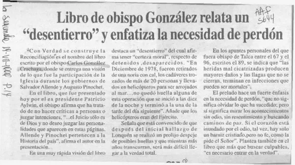 Libro de obispo González relata un "desentierro" y enfatiza la necesidad de perdón  [artículo].