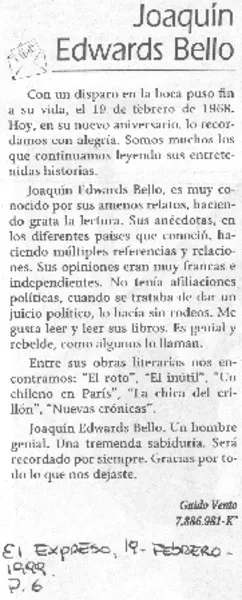 Joaquín Edwards Bello  [artículo] Guido Vento.