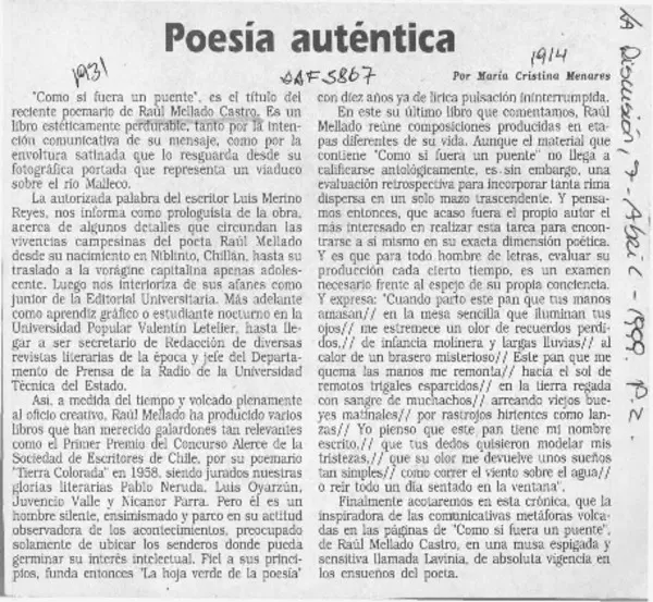 Poesía auténtica  [artículo] María Cristina Menares.