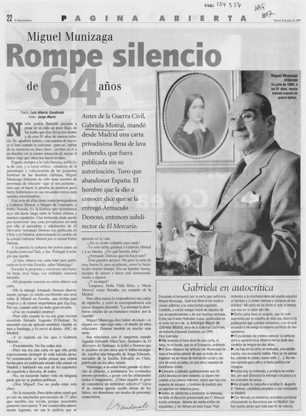 Miguel Munizaga rompe silencio de 64 años  [artículo] Luis Alberto Ganderats.