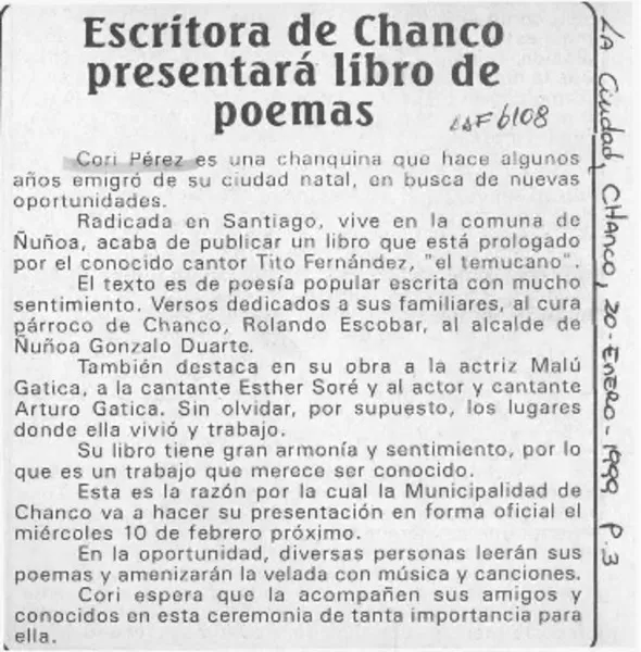 Escritora de Chanco presentará libro de poemas  [artículo].
