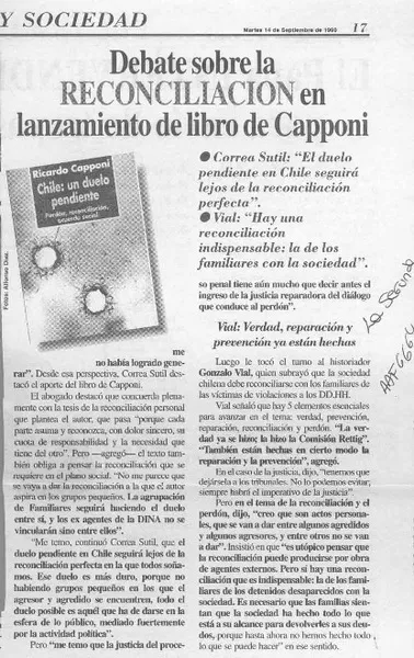 Debate sobre la reconciliación en lanzamiento de libro de Capponi  [artículo].