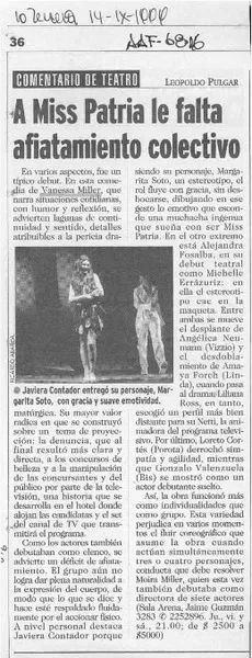 A Miss Patria le falta afiatamiento colectivo  [artículo] Leopoldo Pulgar.