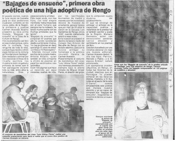 "Bagajes de ensueño", primera obra poética de una hija adoptiva de Rengo.  [artículo]