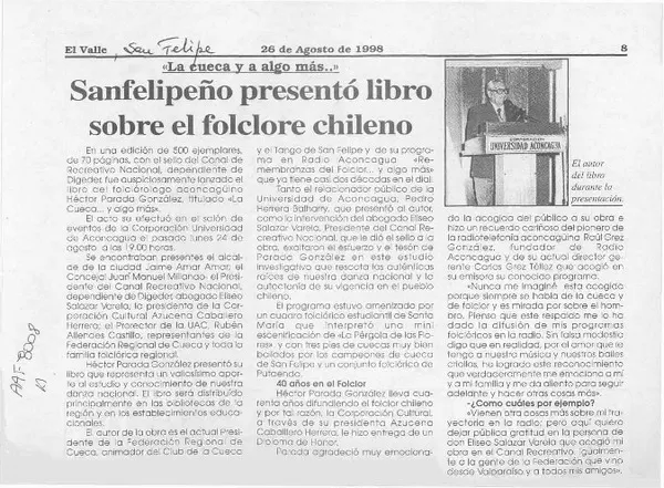 Sanfelipeño presentó libro sobre el folclore chileno  [artículo].