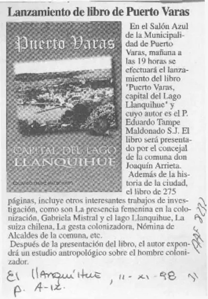 Lanzamiento de libro de Puerto Varas  [artículo].