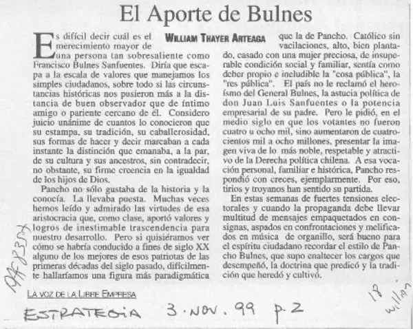El aporte de Bulnes  [artículo] William Thayer Arteaga.