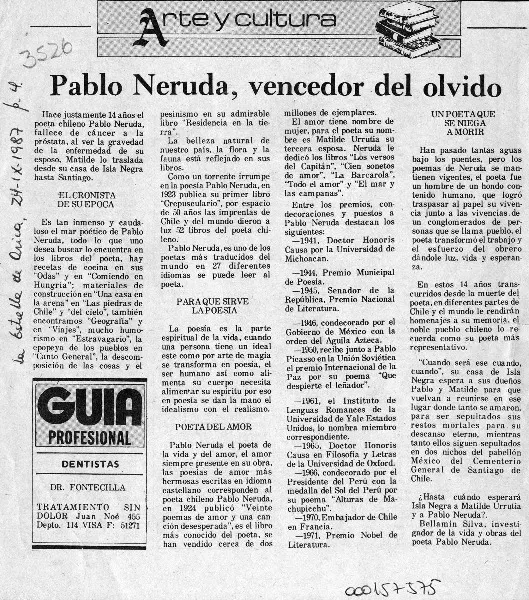Pablo Neruda, vencedor del olvido  [artículo].