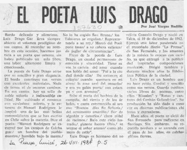 El poeta Luis Drago  [artículo] José Vargas Badilla.