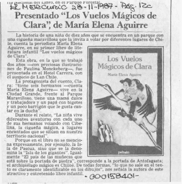 Presentado "Los vuelos mágicos de Clara", de María Elena Aguirre  [artículo].