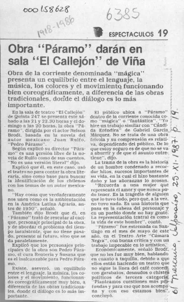 Obra "Páramo" darán en sala "El Callejón" de Viña  [artículo].