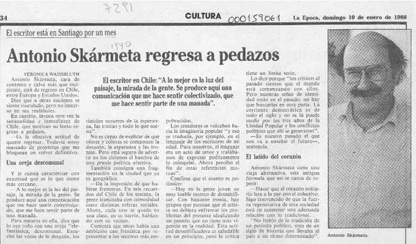 Antonio Skármeta regresa a pedazos  [artículo] Verónica Waissbluth.
