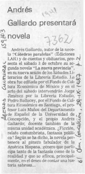 Andrés Gallardo presentará novela  [artículo].