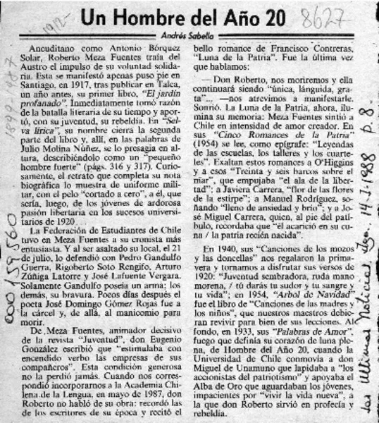 Un hombre del año 20  [artículo] Andrés Sabella.