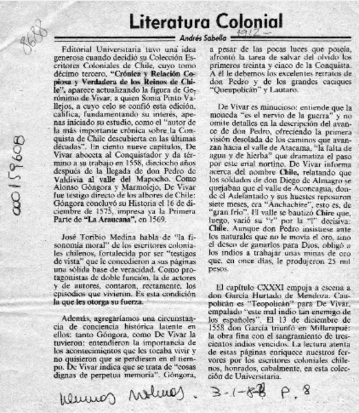 Literatura colonial  [artículo] Andrés Sabella.