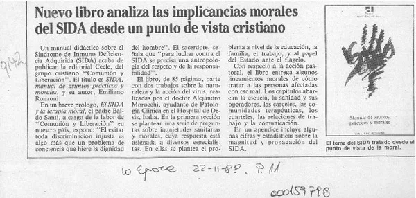 Nuevo libro analiza las implicancias morales del sida desde un punto de vista cristiano  [artículo].