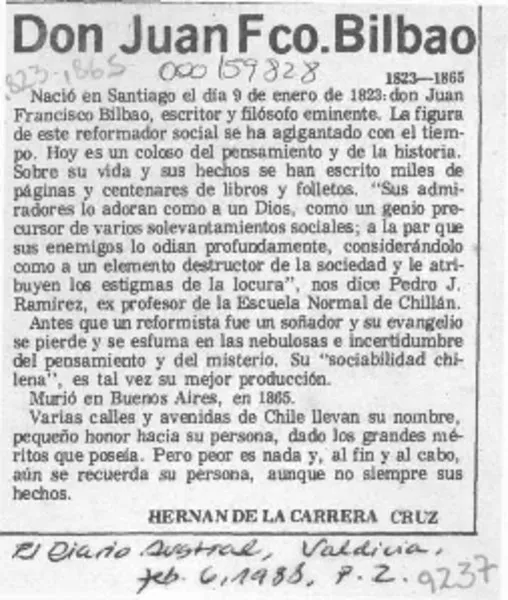 Don Juan Fco. Bilbao  [artículo] Hernán de la Carrera Cruz.