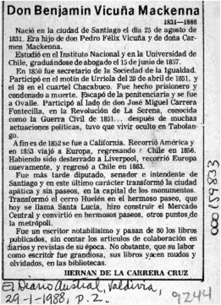 Don Benjamín Vicuña Mackenna  [artículo] Hernán de la Carrera Cruz.