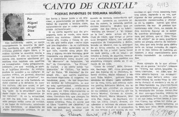 "Canto de cristal", poemas infantiles  [artículo] Miguel Angel Díaz A.
