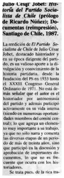 Julio César Jobet, "Historia del Partido Socialista de Chile"  [artículo] Carlos Briones.