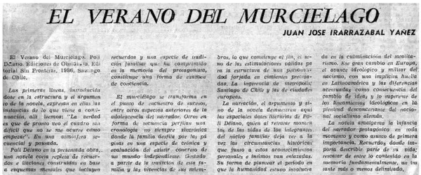 El verano del murciélago  [artículo] Juan José Irarrázabal Yáñez.