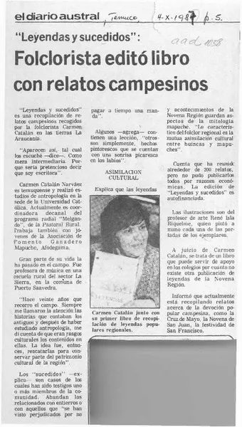 "Leyendas y sucedidos", folclorista editó libro con relatos campesinos  [artículo].