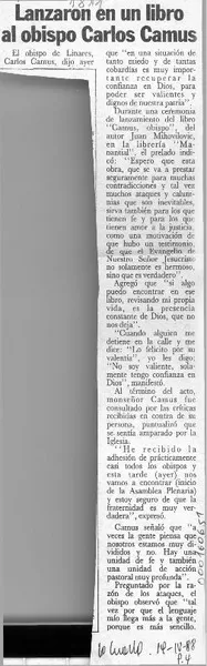 Lanzaron en un libro al Obispo Carlos Camus  [artículo].