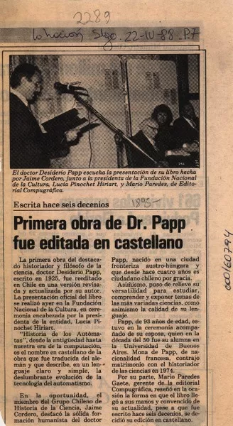 Primera obra de Dr. Papp fue editada en castellano  [artículo].