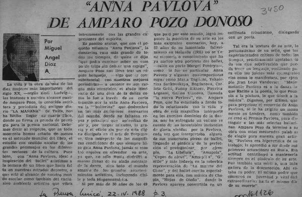 "Anna Pavlova" de Amparo Pozo Donoso  [artículo] Miguel Angel Díaz A.