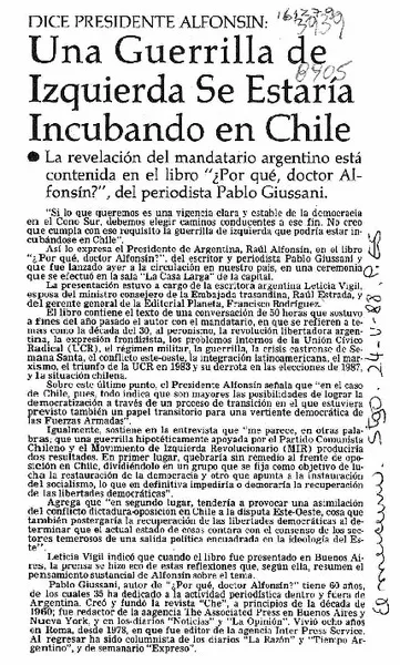 Una Guerrilla de izquierda se estaría incubando en Chile  [artículo].