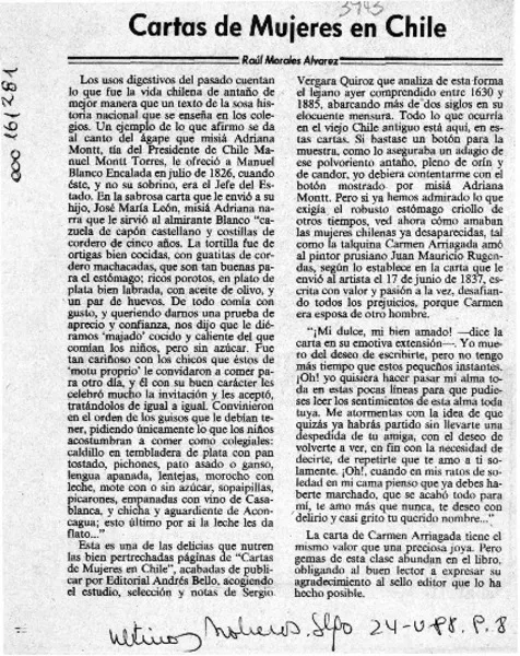 Cartas de mujeres en Chile  [artículo] Raúl Morales Alvarez.