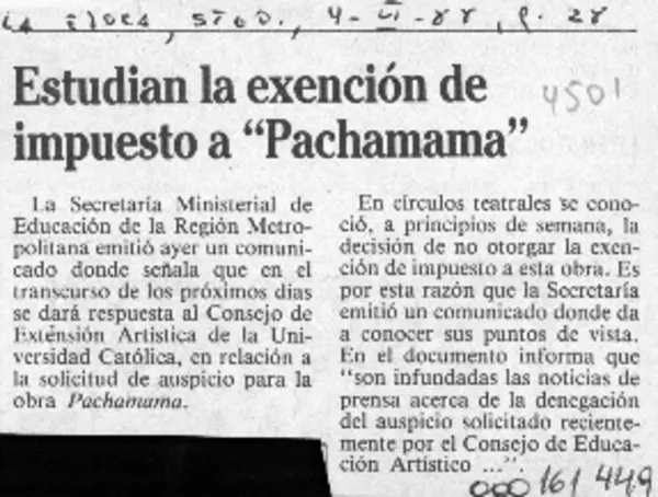 Estudian la exención de impuesto a "Pachamama"  [artículo].