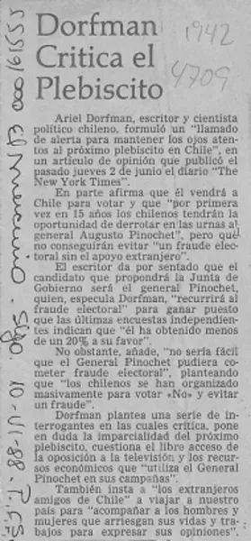 Dorfman critica el plebiscito  [artículo].