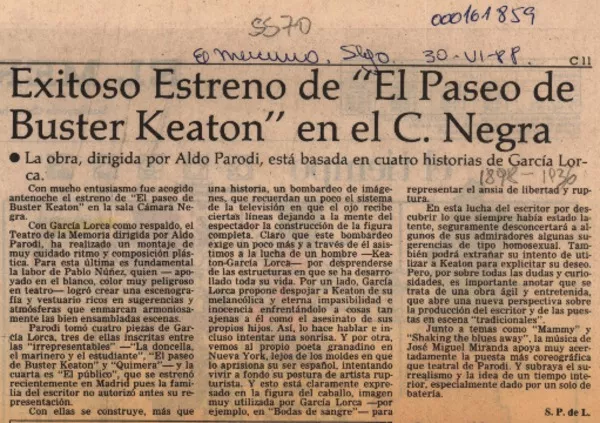 Exitoso estreno de "El paseo de Buster Keaton" en el C. Negra  [artículo] S. P. de L.