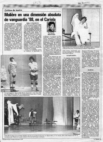 Moliére en una dimensión absoluta de vanguardia '88, en el Cariola  [artículo] Yolanda Montecinos.