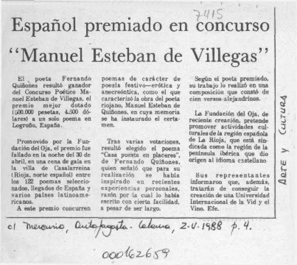 Español premiado en concurso "Manuel Esteban de Villegas"  [artículo].