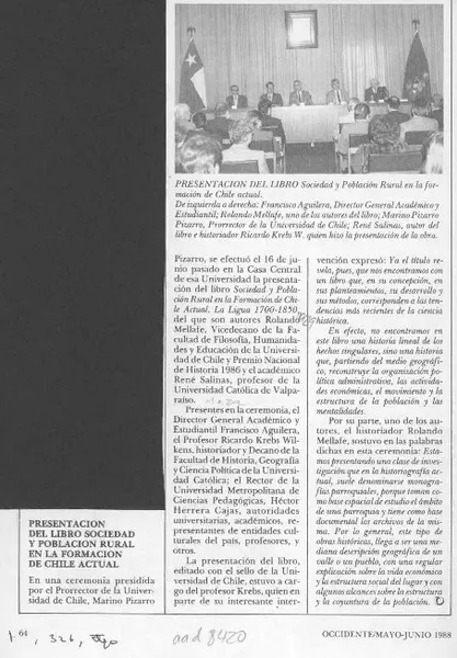 Presentación del libro "Sociedad y población rural en la formación de Chile actual"  [artículo]