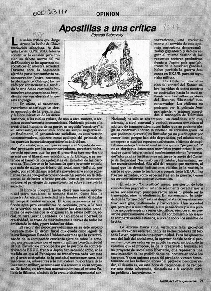 Apostillas a una crítica  [artículo] Eduardo Sabrovsky.