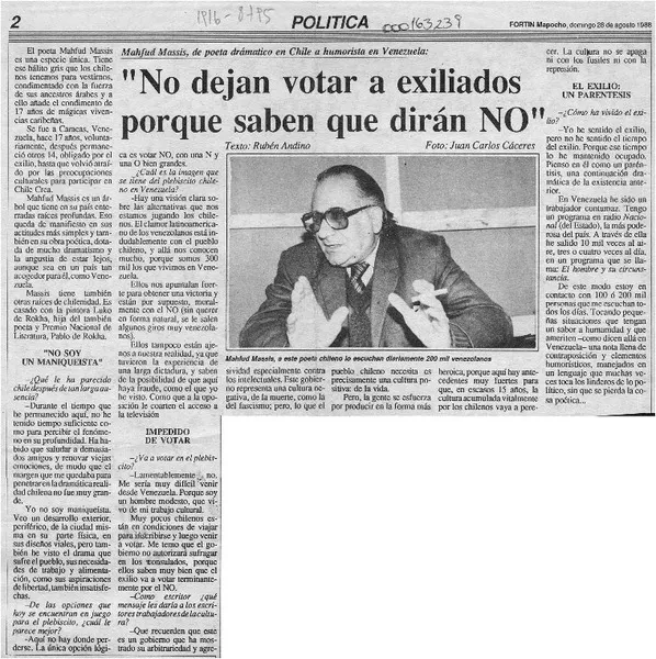 "No dejan votar a exiliados porque saben que dirán NO"  [artículo] Rubén Andino.