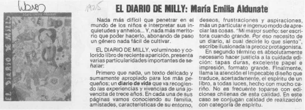 El Diario de Milly, María Emilia Aldunate  [artículo].