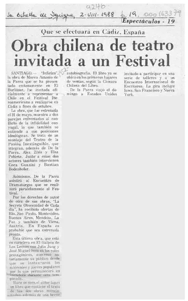 Obra chilena de teatro invitada a un Festival  [artículo].