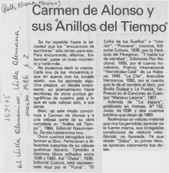 Carmen de Alonso y sus "Anillos del tiempo"  [artículo] Ruth Eliana Merino.