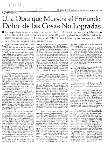 "Yepeto", una obra que muestra el profundo dolor de las cosas no logradas  [artículo] Ana Josefa Silva V.