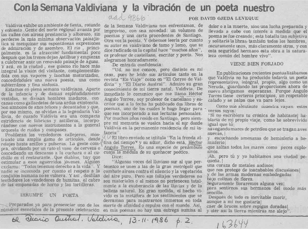 Con la semana valdiviana y la vibración de un poeta nuestro  [artículo] David Ojeda Leveque.