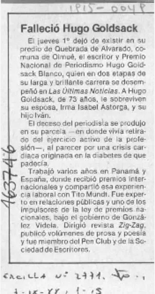 Falleció Hugo Goldsack  [artículo].