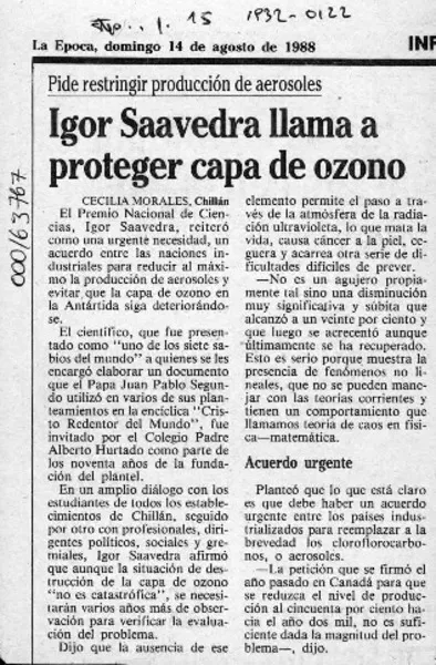 Igor Saavedra llama a proteger capa de ozono  [artículo] Cecilia Morales.
